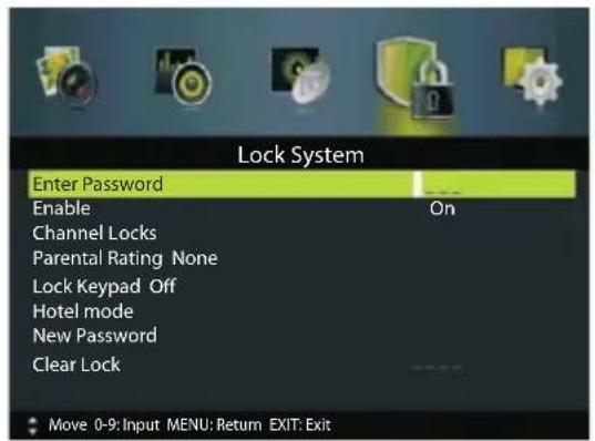 Lock System Enter Password Enable On Channel Locks Parental Rating None Lock Keypad Off Hotel mode New Password Clear Lock Move 0-9: Input MENU: Return EXIT: Exit