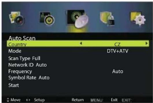 Auto Scan Country CZ Mode DTV+ATV Scan Type Full Network ID Auto Frequency Auto Symbol Rate Auto Start