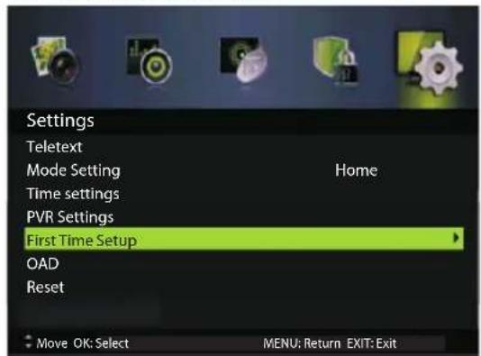 Settings Teletext Mode Setting Home Time settings PVR Settings First Time Setup OAD Reset Move OK: Select MENU: Return EXIT: Exit
