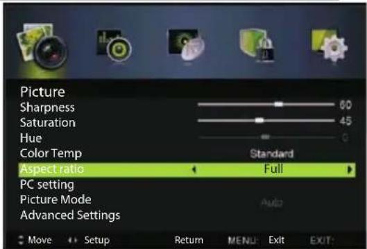 Picture Sharpness Saturation Hue Color Temp Aspect ratio PC setting Picture Mode Advanced Settings Standard Full Auto Move Setup Return MENU Exit EXIT:
