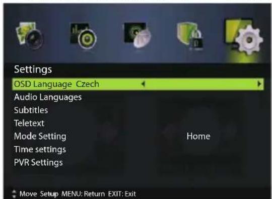 Settings OSD Language Czech Audio Languages Subtitles Teletext Mode Setting Home Time settings PVR Settings Move Setup MENU: Return EXIT: Exit