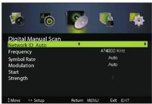 Digital Manual Scan Network ID Auto Frequency 474000 KHz Symbol Rate Auto Modulation Auto Start Strength 0 Move Setup Return MENU: Exit EXIT: