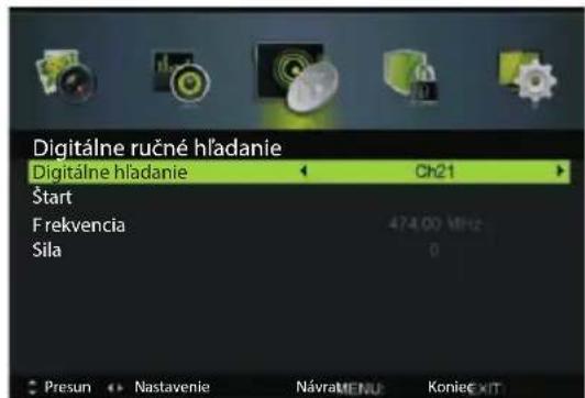 Digitálne ručné hľadanie Digitálne hľadanie Ch21 Štart Frekvencia 474.00 MHz Sila 0 Presun Nastavenie NávratMENU Koniec XIT