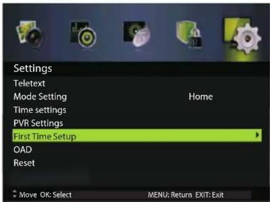 Settings Teletext Mode Setting Home Time settings PVR Settings First Time Setup OAD Reset Move OK: Select MENU: Return EXIT: Exit