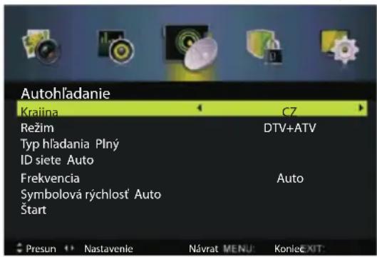 Autohľadanie Kralina CZ Režim DTV+ATV Typ hľadania Plný ID siete Auto Frekvencia Auto Symbolová rýchlost' Auto Štart Presun Nastavenie Návrat MENU KoniecEXIT