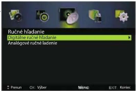 Ručné hľadanie Digitálne ručné hľadanie Analogové ručné ladenie Presun OK: Výber Náyrat EXIT Koniec