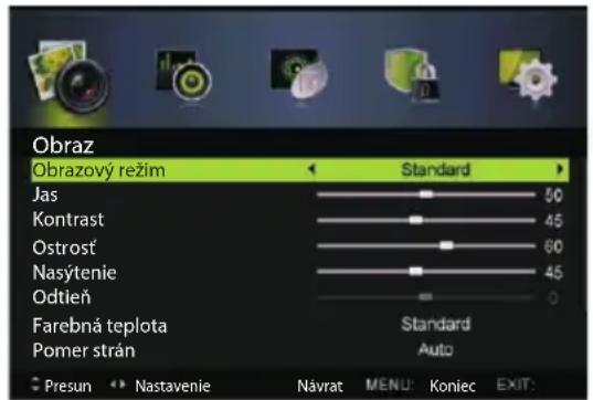 Obraz Obrazový režim Standard Jas 50 Kontrast 45 Ostrošť 60 Nasytenie 45 Odtieň 0 Farebná teplota Standard Pomer strán Auto Presun Nastavenie Návrat MENU: Koniec EXIT: