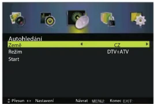 Autohledání Země CZ Režim DTV+ATV Start Přesun Nastavení Návrat MENU: Konec EXIT: