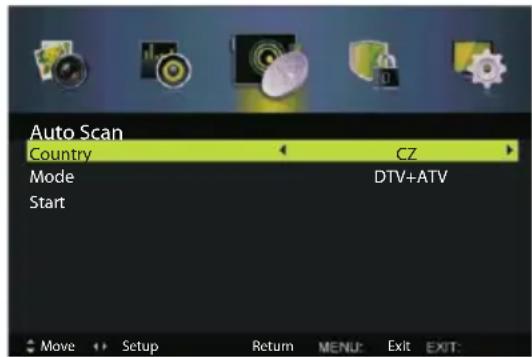 Auto Scan Country CZ Mode DTV+ATV Start