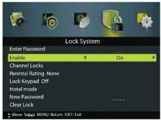 Lock System Enter Password Enable On Channel Locks Parental Rating None Lock Keypad Off Hotel mode New Password Clear Lock Move Setup MENU: Return EXIT: Exit