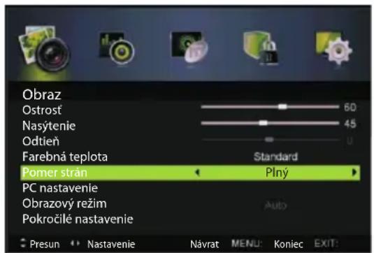 Obraz Ostrošť Nasýtenie Odtíen Farebná teplota Pomer strán PC nastavenie Obrazový režim Pokročilé nastavenie Standard Plný Presun Nastavenie Návrat MENU: Koniec EXIT: