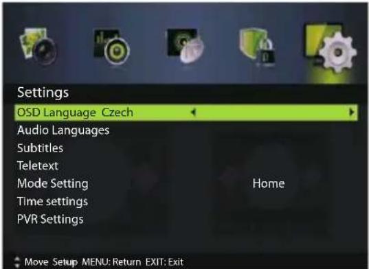 Settings OSD Language Czech Audio Languages Subtitles Teletext Mode Setting Home Time settings PVR Settings Move Setup MENU: Return EXIT: Exit