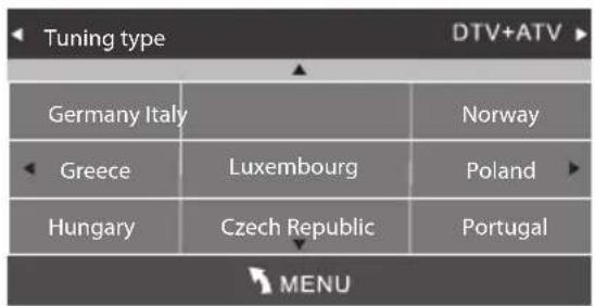 Tuning type DTV+ATV Germany Italy Norway Greece Luxembourg Poland Hungary Czech Republic Portugal MENU