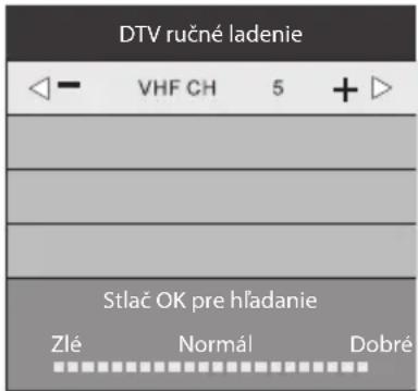 DTV ručné ladenie ◀ - VHF CH 5 + ▷ Stlač OK pre hľadanie Zlé Normál Dobré