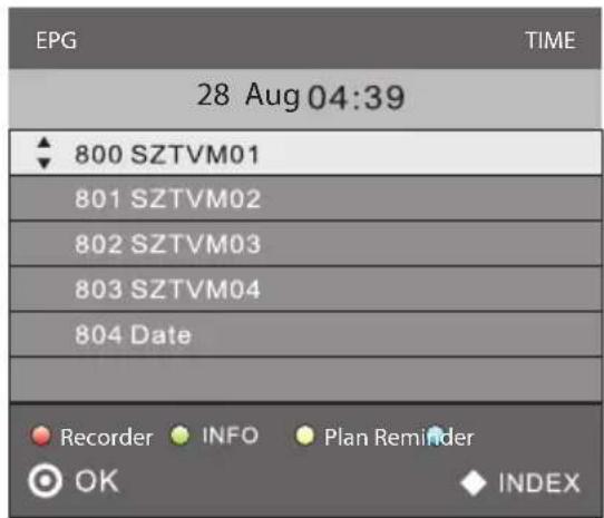 EPG TIME 28 Aug 04:39 800 SZTVM01 801 SZTVM02 802 SZTVM03 803 SZTVM04 804 Date Recorder INFO Plan Reminder OK INDEX