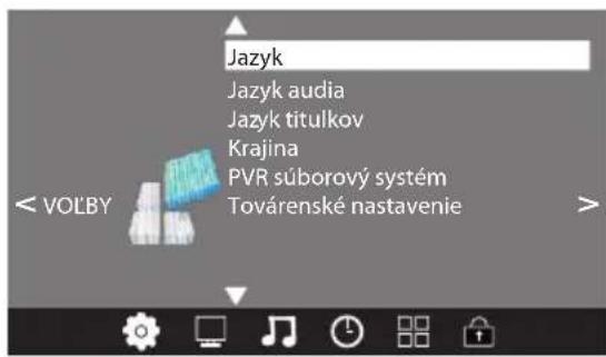 Jazyk Jazyk audia Jazyk titulkov Krajina PVR súborový systém Továrenské nastavenie < VOLBY >