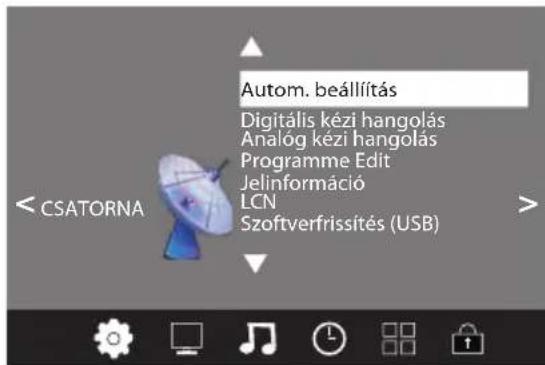 Autom. beállítás Digitális kézi hangolás Analog kézi hangolás Programme Edit Jelinformáció LCN Szoftverfrissítés (USB) < CSATORNA >