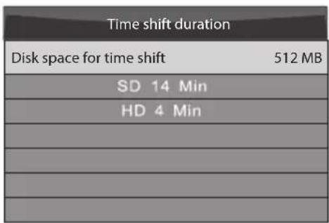 Time shift duration Disk space for time shift 512 MB SD 14 Min HD 4 Min