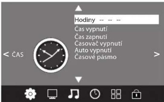 Hodiny -- -- Čas vypnutí Čas zapnutí Časovač vypnutí Auto vypnutí Časové pásmo < ČAS >