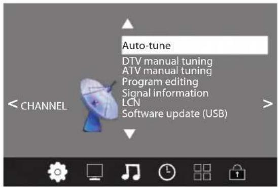 Auto-tune DTV manual tuning ATV manual tuning Program editing Signal information LCN Software update (USB)