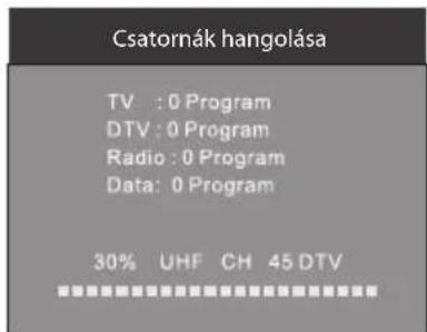 Csatornák hangolása TV : 0 Program DTV : 0 Program Radio : 0 Program Data: 0 Program 30% UHF CH 45 DTV