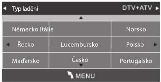 Typ ladění DTV+ATV Německo Itálie Norsko Řecko Lucembursko Polsko Maďarsko Češko Portugalsko MENU