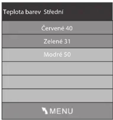 Teplota barev Střední Červené 40 Zelené 31 Modré 50 MENU