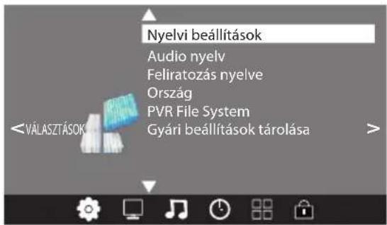 Nyelvi beállítások Audio nyelv Feliratozás nyelve Ország PVR File System Gyári beállítások tárolása