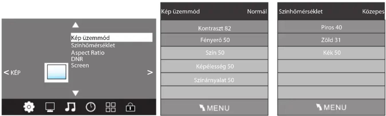 Kép üzemmód Színhőmérséklet Aspect Ratio DNR Screen Kép üzemmód Normál Kontraszt 82 Fényerő 50 Szín 50 Képélesség 50 Színárnyalat 50 MENU Színhőmérséklet Közepes Piros 40 Zöld 31 Kék 50 MENU
