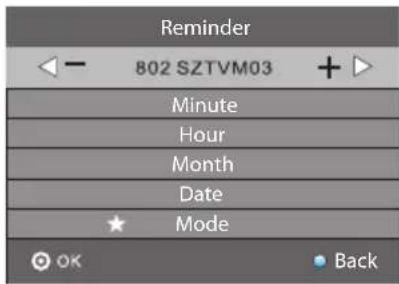 Reminder 802 SZTVM03 Minute Hour Month Date Mode OK Back