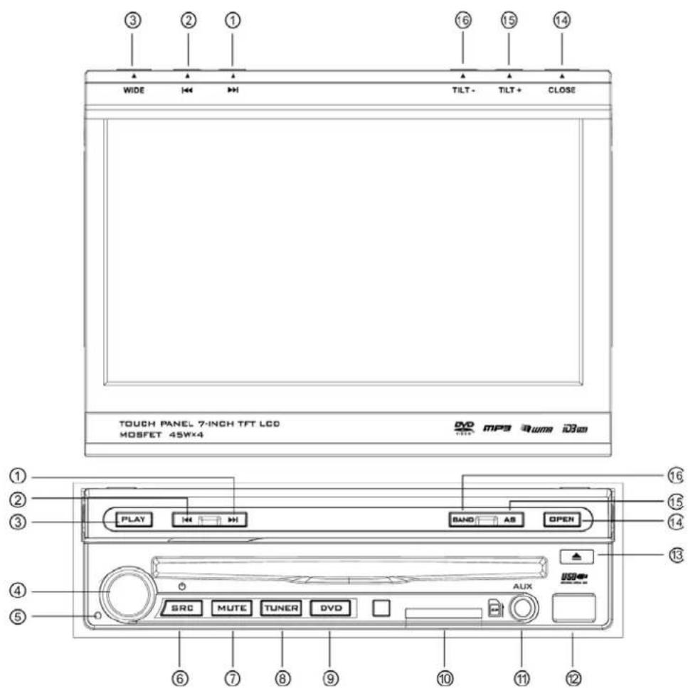 WIDE TILT- TILT+ CLOSE TOUCH PANEL 7-INCH TFT LCD MOSFET 45W×4 DVD MP3 RUMA i3800 PLAY BAND AS OPEN SRC MUTE TUNER DVD AUX ① ② ③ ④ ⑤ ⑥ ⑦ ⑧ ⑨ ⑩ ⑪ ⑫ ⑬