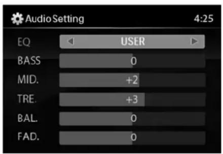 Audio Setting 4:25 EQ USER BASS 0 MID. +2 TRE. +3 BAL. 0 FAD. 0