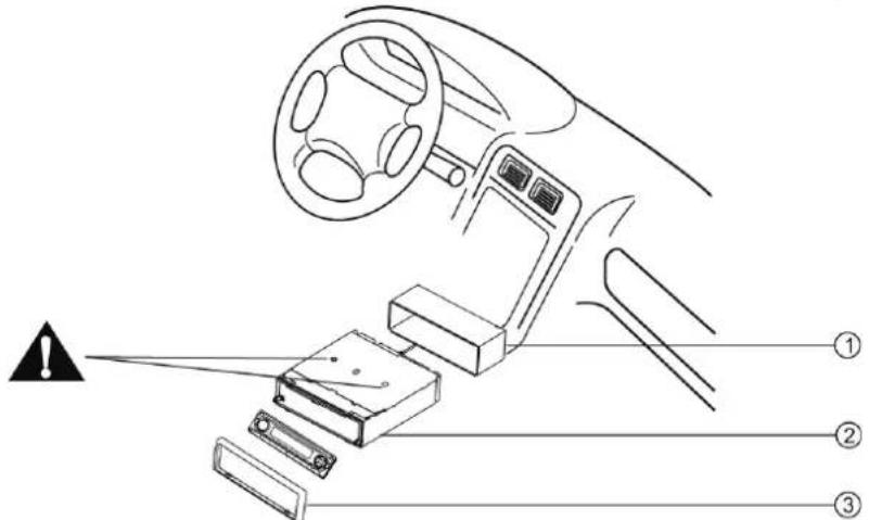 Diagram of car interior components with labeled parts and warning symbol