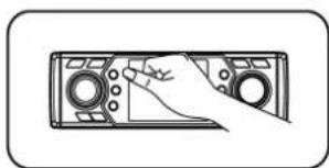 Line drawing of a hand pressing down on a device panel (no text or symbols)