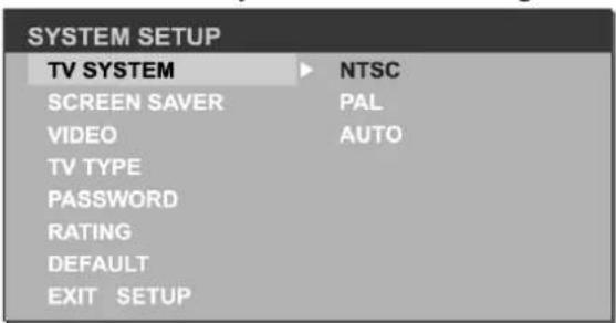 SYSTEM SETUP TV SYSTEM NTSC SCREEN SAVER PAL VIDEO AUTO TV TYPE PASSWORD RATING DEFAULT EXIT SETUP