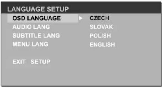 LANGUAGE SETUP OSD LANGUAGE ▶ CZECH AUDIO LANG SLOVAK SUBTITLE LANG POLISH MENU LANG ENGLISH EXIT SETUP
