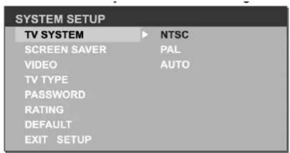 SYSTEM SETUP TV SYSTEM NTSC SCREEN SAVER PAL VIDEO AUTO TV TYPE PASSWORD RATING DEFAULT EXIT SETUP