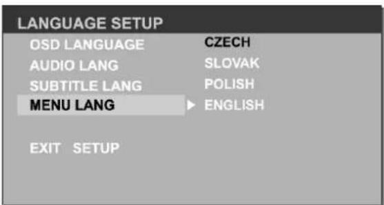 LANGUAGE SETUP OSD LANGUAGE CZECH AUDIO LANG SLOVAK SUBTITLE LANG POLISH MENU LANG ▶ ENGLISH EXIT SETUP