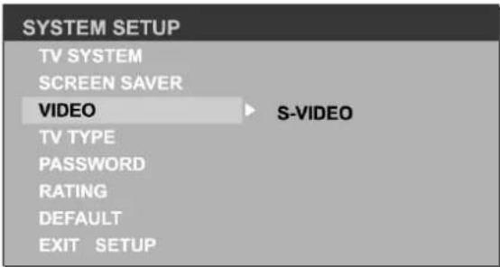 SYSTEM SETUP TV SYSTEM SCREEN SAVER VIDEO S-VIDEO TV TYPE PASSWORD RATING DEFAULT EXIT SETUP