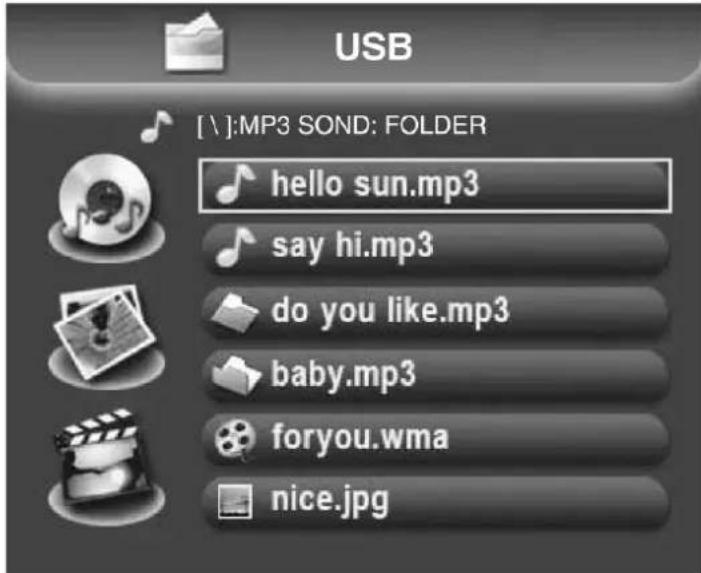 USB [:\]:MP3 SOND: FOLDER hello sun.mp3 say hi.mp3 do you like.mp3 baby.mp3 foryou.wma nice.jpg