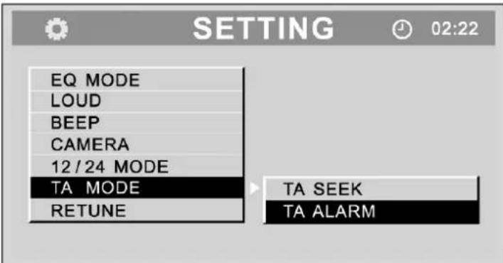 SETTING EQ MODE LOUD BEEP CAMERA 12/24 MODE TA MODE RETUNE TA SEEK TA ALARM