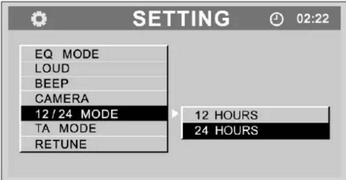 SETTING EQ MODE LOUD BEEP CAMERA 12/24 MODE TA MODE RETUNE 12 HOURS 24 HOURS