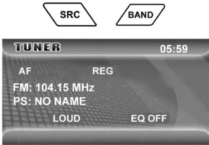 SRC BAND TUNER 05:59 AF REG FM: 104.15 MHz PS: NO NAME LOUD EQ OFF