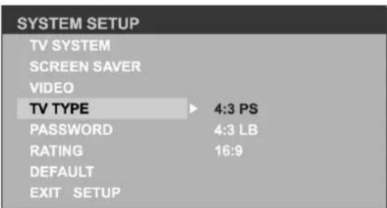 SYSTEM SETUP TV SYSTEM SCREEN SAVER VIDEO TV TYPE ▶ 4:3 PS PASSWORD 4:3 LB RATING 16:9 DEFAULT EXIT SETUP