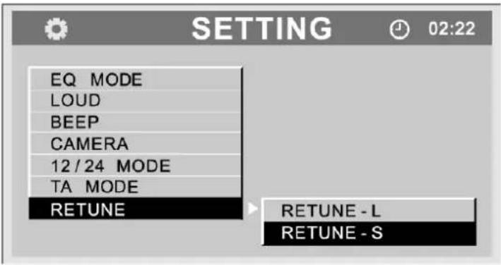SETTING 02:22 EQ MODE LOUD BEEP CAMERA 12/24 MODE TA MODE RETUNE RETUNE - L RETUNE - S
