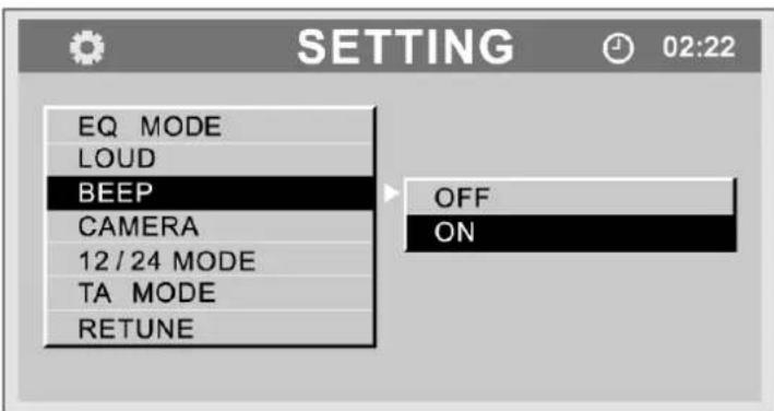 SETTING EQ MODE LOUD BEEP CAMERA 12/24 MODE TA MODE RETUNE OFF ON