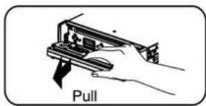 Illustration of a hand holding a mechanical device labeled 'Pull' (no other text or symbols)