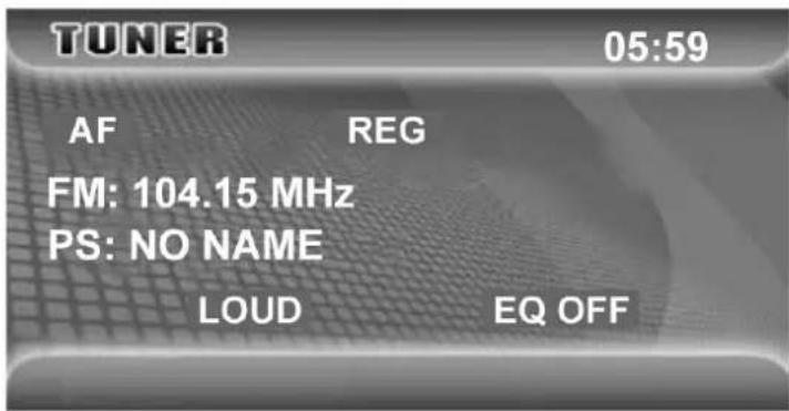TUNER 05:59 AF REG FM: 104.15 MHz PS: NO NAME LOUD EQ OFF