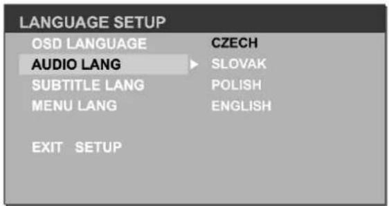 LANGUAGE SETUP OSD LANGUAGE CZECH AUDIO LANG SLOVAK SUBTITLE LANG POLISH MENU LANG ENGLISH EXIT SETUP