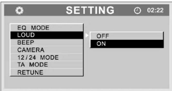 SETTING 02:22 EQ MODE LOUD BEEP CAMERA 12/24 MODE TA MODE RETUNE OFF ON